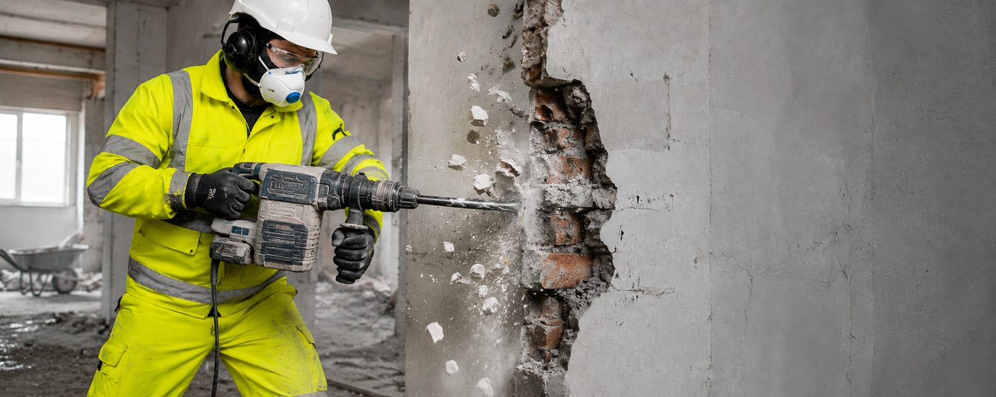 LCM Ltd operative breaking through a brick wall with an SDS drill during a controlled strip-out.