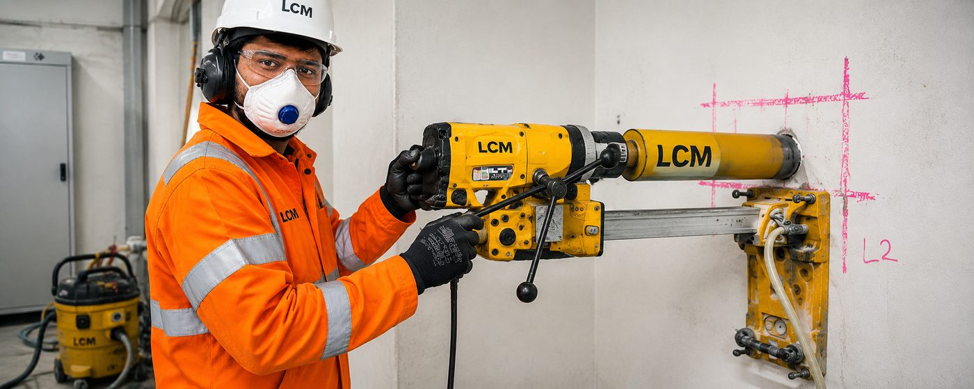 LCM Ltd operative core drilling into a wall with a rig-mounted diamond drill.