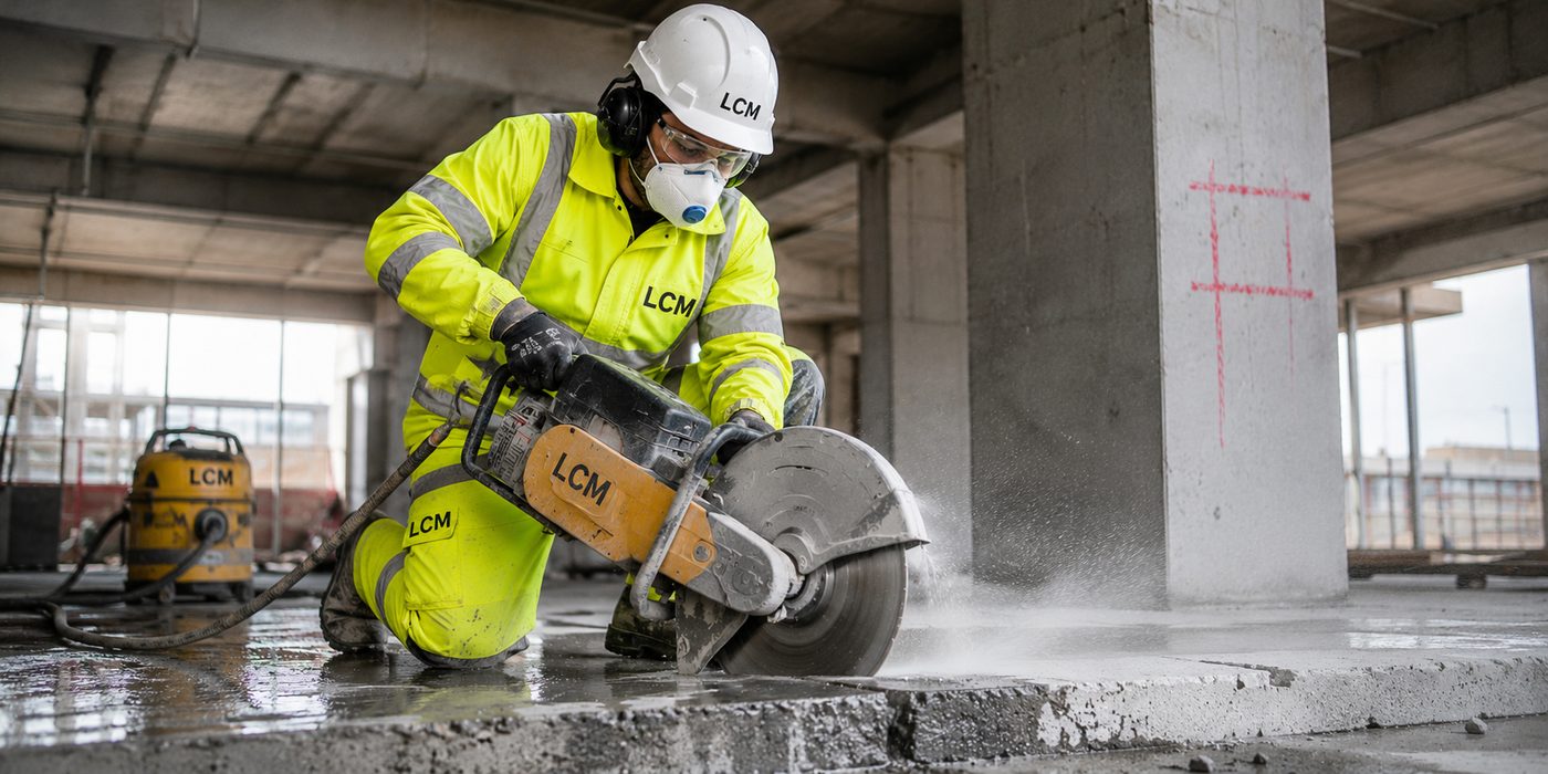 LCM Ltd operative cutting a concrete upstand with a hand-held disc cutter.