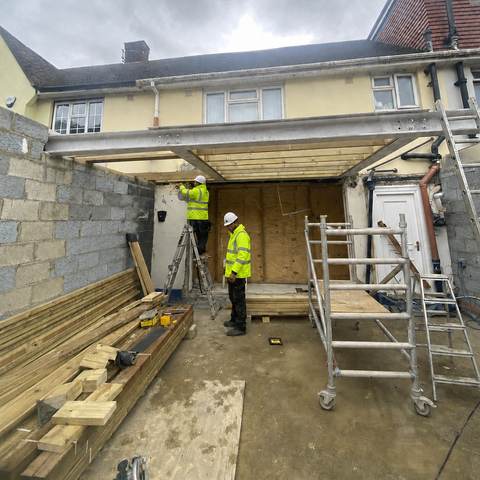 Steel and timber frame for a rear extension at first-floor level.